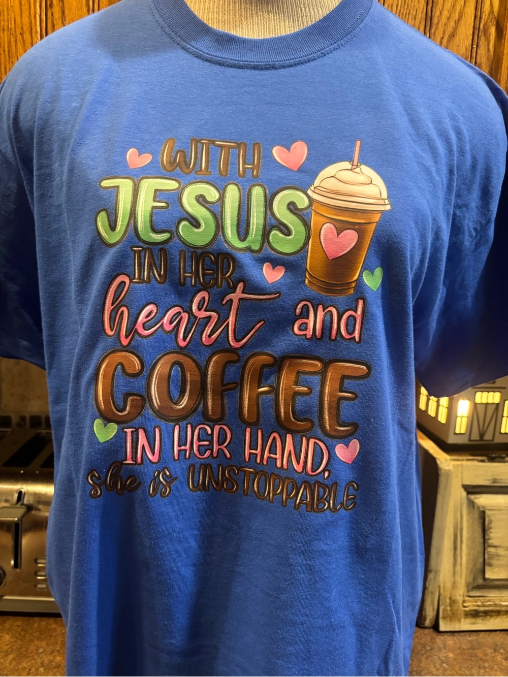 Gildan Blue Short Sleeve Tee with Faith & Coffee Graphic